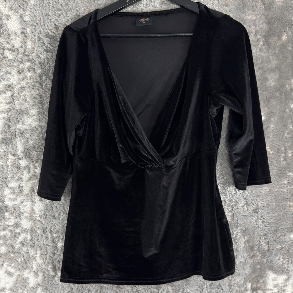 Steady Size XL Whimsigoth Velvet V Neck Faux Wrap Top Black 3/4 Sleeve Stretch